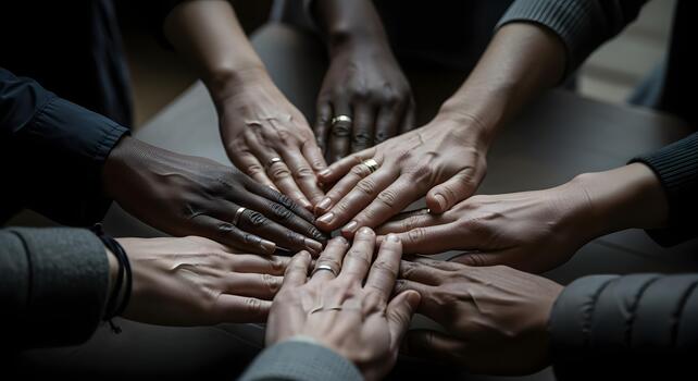 diverso grupo manos juntos en unidad y trabajo en equipo circulo terminado oscuro mesa foto