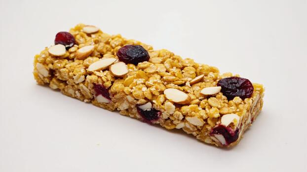 Close-up of a cereal bar containing almonds, peanuts and small balls. The texture and shape of the candy bar stand out perfectly against a white background. photo