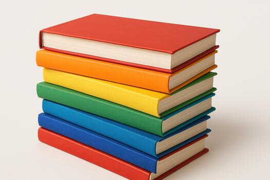 The photo shows a bright stack of books in various colors on a white background, creating a positive and inspiring mood.