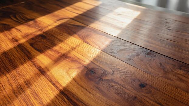 The wooden surface has warm hues and bright highlights that accentuate the texture. Ideal for interiors and design projects. photo