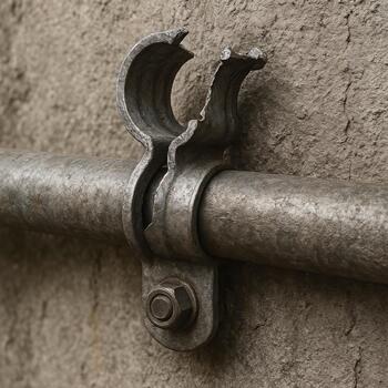 a metal clamp fixed to the wall with bolts. The yoke has a semicircular shape with torn edges, which emphasizes its practical application and durability. photo