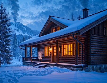 Winter Log Cabin at Twilight photo