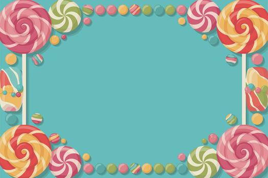 Candy-themed rectangular frame with colorful lollipops and round candies on turquoise. vector