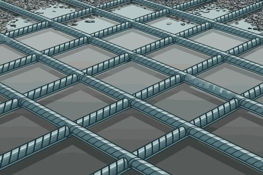 Top view of concrete rebar grid pattern, 3D rendered, metallic gray. vector
