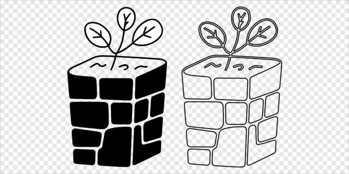 Rubiks Cube with Leaf Sprout in Silhouette and Outline vector