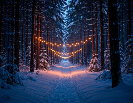 Winter Forest Path with String Lights photo