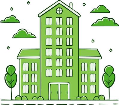 verde Departamento edificio en sencillo contorno estilo con arboles y nubes vector