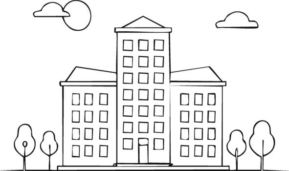 sencillo edificio bosquejo con arboles oficina bloquear ilustración en contra nublado cielo. minimalista lineal arquitectura diseño vector