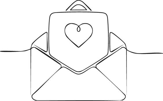 Single line drawing showing open envelope with a heart on a luggage tag emerging out, symbol of romance, love, connection vector