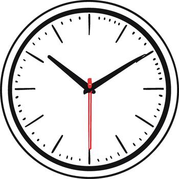 Clock face showing time round with a red second hand black numbers on white background vector
