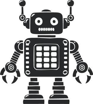 dibujos animados robot con antenas y garra manos, clásico mecánico juguete diseño, cuadrado cabeza y monitor vector