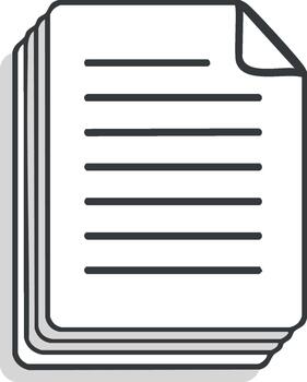 Stacked documents icon showing multiple lined pages of paper, a report with a folded corner. Symbol, flat design illustration vector