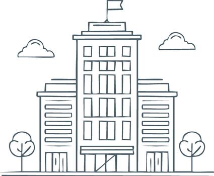 edificio contorno ilustración con un bandera en parte superior y nubes en el cielo para un educativo o arquitectónico tema vector