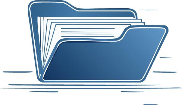 azul abierto carpeta icono con documentos volador fuera indicando movimiento y velocidad para datos transferir o Procesando vector