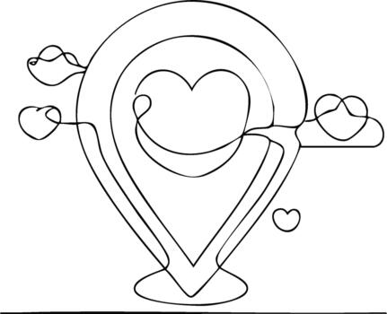 Continuous Line Drawing Heart in Location Pin with Clouds, Representing Love, Affection, and a romantic spot on a map vector