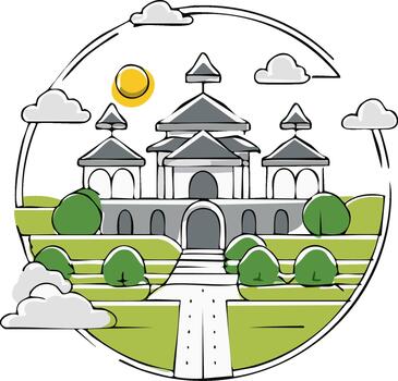 A gray stone building with a walkway, bushes, and stylized sun and clouds inside a circular frame illustration vector