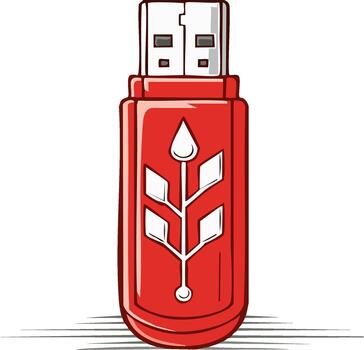 Red USB Flash Drive with White Plant Design for Data Storage and Transferring Information Digitally vector