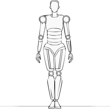 línea dibujo de un humanoide robot figura en pie vertical con segmentario extremidades y sencillo diseño en negro y blanco, imagen vector