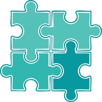 cuatro enclavamiento rompecabezas piezas para trabajo en equipo o resolución de problemas conceptos. verde azulado y blanco tonos vector