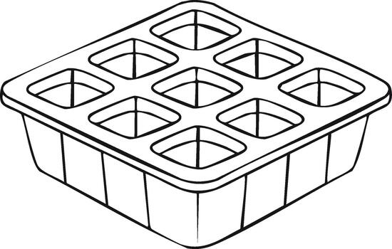 Outline drawing of an empty plastic seedling tray with seven square cells for growing vector