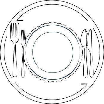 sencillo línea Arte de elegante mesa ajuste con sitio plato y utensilios dentro circular diseño vector