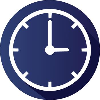Round Clock Face Graphic with Hour, Minute Hands Indicating Time in a Deep Blue Circle for Design Projects or Visuals vector