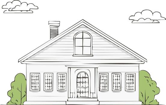 Sketch of a House with Bushes and Clouds in Front isolated on a White Background vector