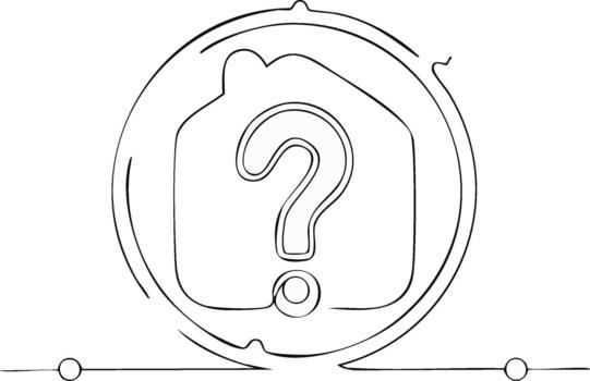 Simple line art showing house icon with question mark symbol inside a circle vector