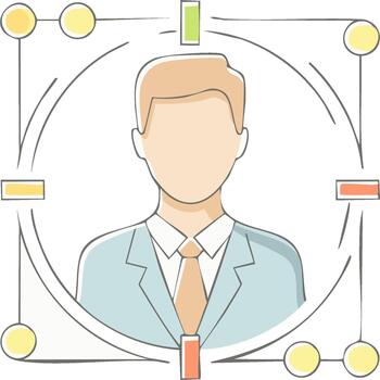 Stylized line drawing of a business person inside of geometric frame with connected nodes and colorful bars vector