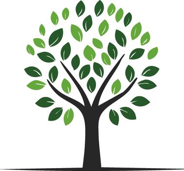 Stylized tree with round foliage canopy forming a ball shape, isolated on a white background. Simple, elegant, dark green tree vector