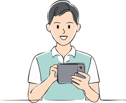 sonriente hombre participación teléfono inteligente tomando fotos o utilizando aplicación comunicación tecnología digital años conectividad vector