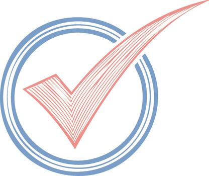 Stylized check mark inside a circle. Approval concept. Hand drawn right mark in modern blue and red design vector