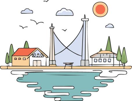 Serene Water Landscape with Architectural Elements Trees and Sunny Sky for Minimalist Art and Design Projects vector