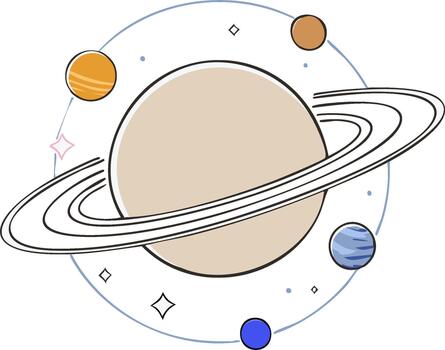 Saturn Surrounded by Satellites or Smaller Planets in a Minimalist Style Orbiting in Space with Stars vector