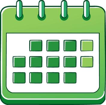 Green calendar icon showcasing organization and planning for events and time management activities in a simple design vector