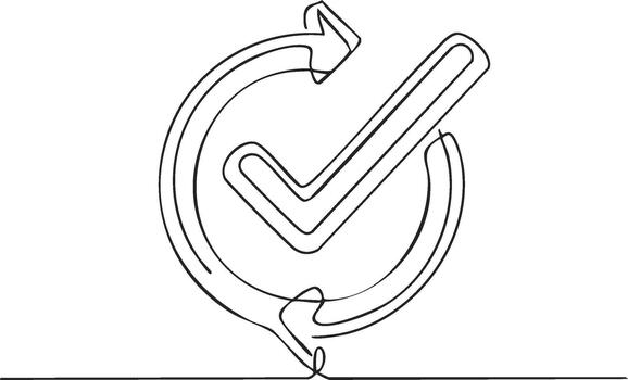 Continuous Line Drawing Check Mark with Circular Arrow Concept of Approval vector