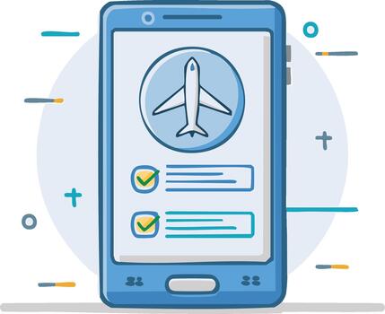 viaje reserva aplicación interfaz en teléfono inteligente con avión icono y confirmado estado vector