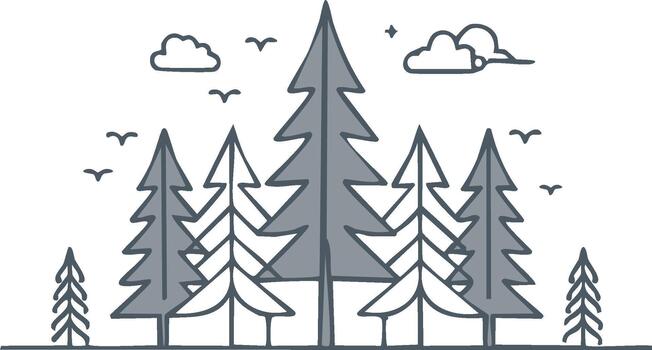 Minimalist Illustration of a Coniferous Forest with Pine Trees and Clouds in Flat Design vector