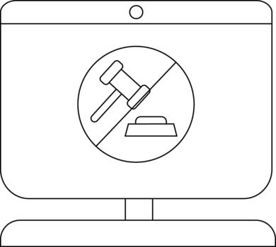Outline of a computer screen with a gavel symbol in minimal style vector