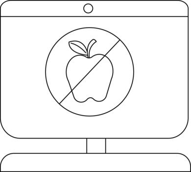Minimalistic line art of a computer monitor with forbidden apple symbol vector