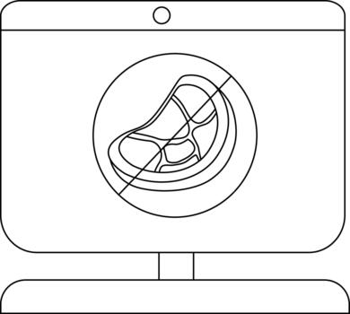 Computer monitor displaying a no meat symbol in line art style vector