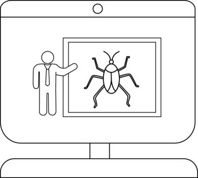 Minimalist line art of businessman presenting bug on computer screen vector