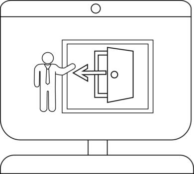 Minimalist line art of person exiting through door on computer screen vector