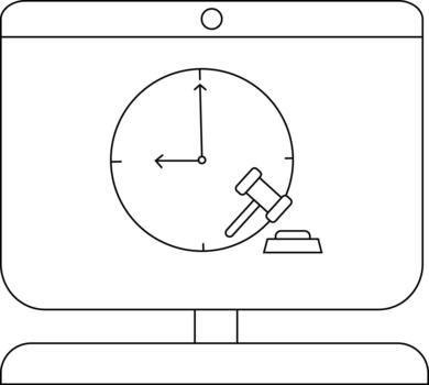 Minimalist Line Art of Computer Screen with Clock and Gavel vector