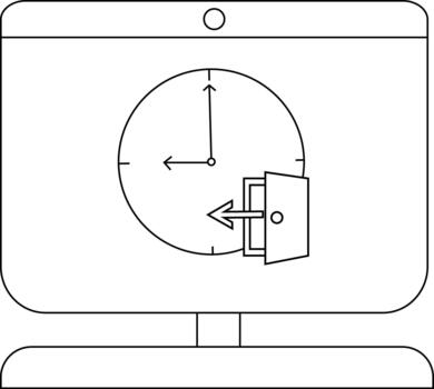 minimalista línea Arte de un computadora monitor con reloj y abierto puerta vector