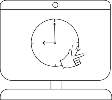 Minimalist clock illustration on computer screen with hand gesture vector