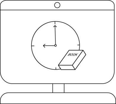 minimalista línea Arte de reloj y libro en computadora pantalla vector