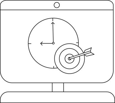 minimalista línea Arte de reloj y objetivo en computadora pantalla vector