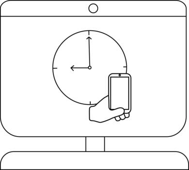 minimalista línea Arte de un computadora pantalla con reloj y teléfono inteligente vector