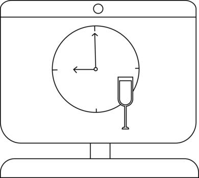 Minimalist line art of clock and wine glass on computer screen vector